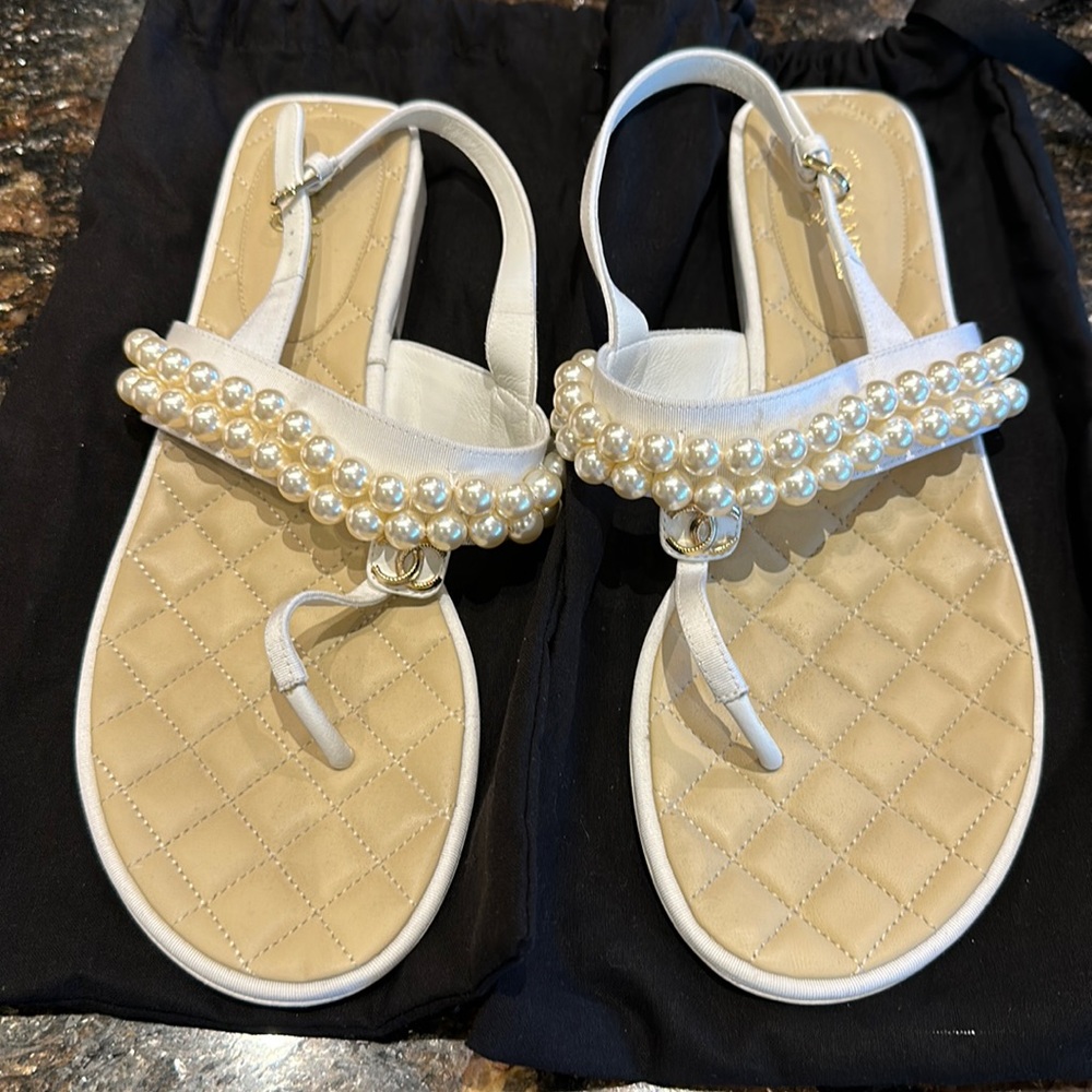 Chanel pearl white flat sandals; worn four times